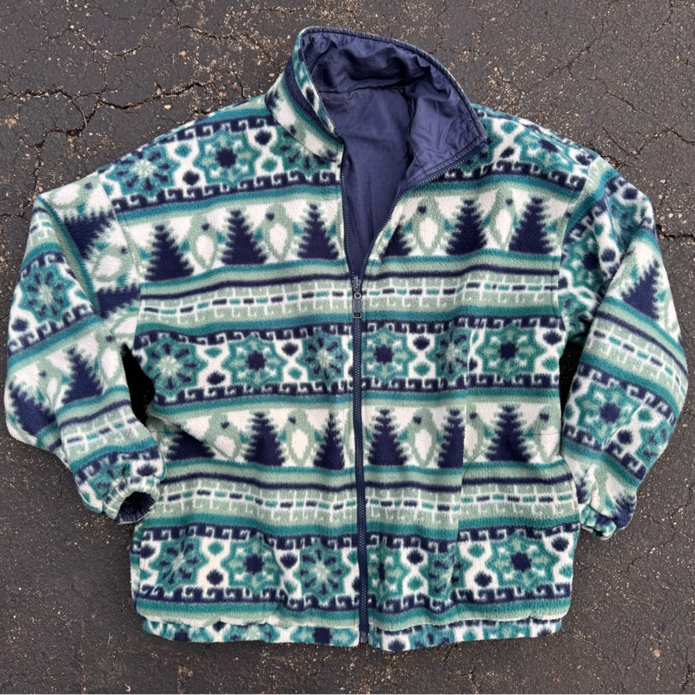 Vintage Ski Style Printed Polar Fleece REVERSIBLE Jacket